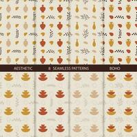 Aesthetic patterns. Boho patterns. Set of seamless pattern with vases, leaves, and abstract shapes in boho and aesthetic style. Vector Illustration.