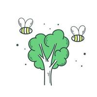 abejas dando vueltas en árbol sencillo mano dibujado ilustración vector