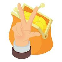 Saving concept icon isometric vector. Victory gesture and retro wallet with coin vector