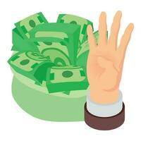 Financial income icon isometric vector. Open human palm and bag with dollar bill vector