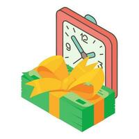 Income management icon isometric vector. Desk clock and stack of dollar banknote vector