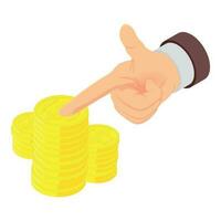 Investment profit icon isometric vector. Pointing hand gesture and coin stack vector