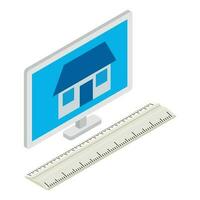 House project icon isometric vector. Building icon on monitor and plastic ruler vector