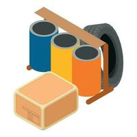 Waste sorting icon isometric vector. Worn car tire and parcel box near three urn vector