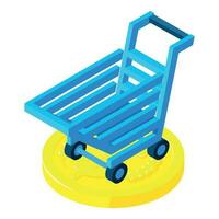 Retail trade icon isometric vector. Empty shopping trolley on big golden coin vector