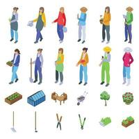 Gardener woman icons set isometric vector. Nature spring vector