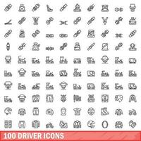 100 driver icons set, outline style vector