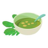 Dinner icon isometric vector. Spinach cream soup and fresh green arugula leaf vector