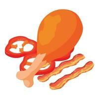 Meat food icon isometric vector. Fried chicken leg near bacon slice and pepper vector