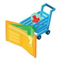 Unprofitable business icon isometric vector. Open wallet and empty shopping cart vector