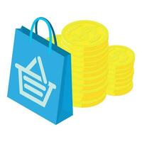 Cashback concept icon isometric vector. Golden coin stack near shopping package vector