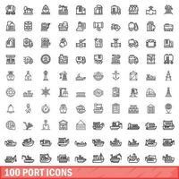 100 port icons set, outline style vector