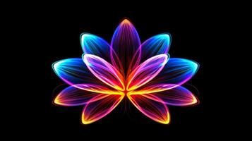 Multicolor neon light drawing, abstract shape flowers isolated on black background. Glowing line art. The Illumination of vibrant radiance of neon flower, illustration photo