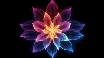 Multicolor neon light drawing, abstract shape flowers isolated on black background. Glowing line art. The Illumination of vibrant radiance of neon flower, illustration photo