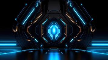 Abstract futuristic background with modern shape. sci fi neon glowing lamps in a dark corridor. Reflections on the floor and walls. Techology futuristic background, illustration photo