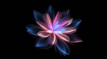 Multicolor neon light drawing, abstract shape flowers isolated on black background. Glowing line art. The Illumination of vibrant radiance of neon flower, illustration photo