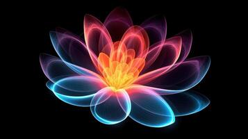 Multicolor neon light drawing, abstract shape flowers isolated on black background. Glowing line art. The Illumination of vibrant radiance of neon flower, illustration photo