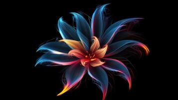 Multicolor neon light drawing, abstract shape flowers isolated on black background. Glowing line art. The Illumination of vibrant radiance of neon flower, illustration photo