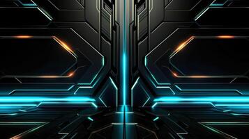 Abstract futuristic background with modern shape. sci fi neon glowing lamps in a dark corridor. Reflections on the floor and walls. Techology futuristic background, illustration photo