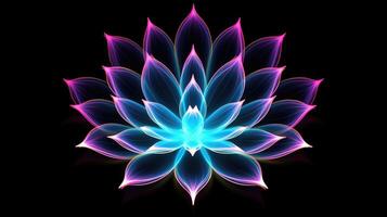 Multicolor neon light drawing, abstract shape flowers isolated on black background. Glowing line art. The Illumination of vibrant radiance of neon flower, illustration photo