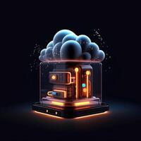 Cloud storage for downloading. digital service or application with data transmission. Network computing technologies. Futuristic Server. Digital space. Data storage, Generative AI illustration photo