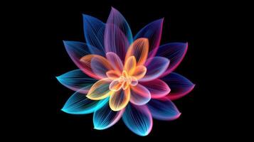 Multicolor neon light drawing, abstract shape flowers isolated on black background. Glowing line art. The Illumination of vibrant radiance of neon flower, illustration photo