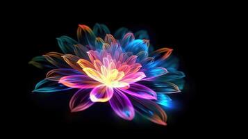 Multicolor neon light drawing, abstract shape flowers isolated on black background. Glowing line art. The Illumination of vibrant radiance of neon flower, illustration photo