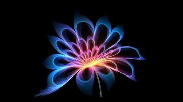 Multicolor neon light drawing, abstract shape flowers isolated on black background. Glowing line art. The Illumination of vibrant radiance of neon flower, Generative AI illustration photo