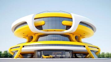 3d futurista ciencia ficción blanco amarillo ciudad arquitectura con orgánico rascacielos, para Ciencias ficción o fantasía antecedentes, resumen edificio, generativo ai ilustración foto