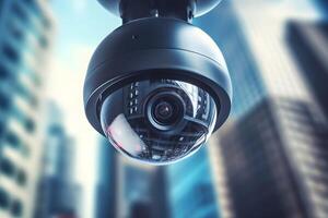 Security CCTV Camera on Modern City. Created with Technology photo