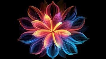 Multicolor neon light drawing, abstract shape flowers isolated on black background. Glowing line art. The Illumination of vibrant radiance of neon flower, illustration photo