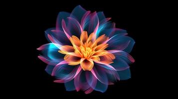 Multicolor neon light drawing, abstract shape flowers isolated on black background. Glowing line art. The Illumination of vibrant radiance of neon flower, illustration photo