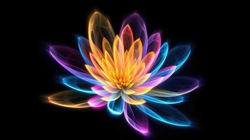 Multicolor neon light drawing, abstract shape flowers isolated on black background. Glowing line art. The Illumination of vibrant radiance of neon flower, illustration photo