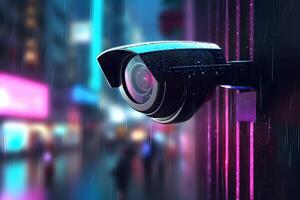 Security CCTV Camera on Modern City. Created with Technology photo