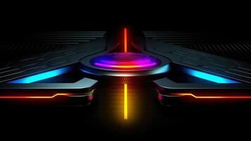 Abstract futuristic background with modern shape. sci fi neon glowing lamps in a dark corridor. Reflections on the floor and walls. Techology futuristic background, illustration photo