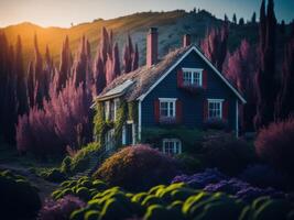 paisaje de ensueño fantasía vistoso casa. ai generado foto