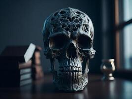 skeleton scull on the table background. photo