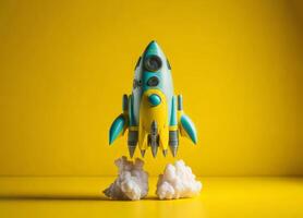 Colorful toy rocket ship starts flying up on a yellow background. photo