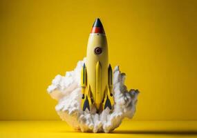 vistoso juguete cohete Embarcacion empieza volador arriba en un amarillo antecedentes. ai generado foto