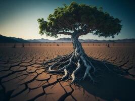 verde árbol crecer en sequía grieta tierra. cambiando clima concepto. ai generado foto