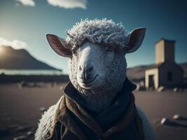 Anthropomorphic sheep in human dress. photo