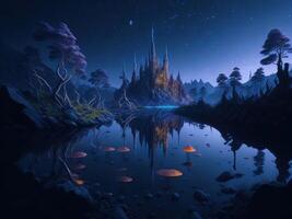 Fantasy landscape with castle, river and trees. photo