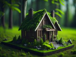 verde eco casa concepto. de madera verde casa cubierto con musgo en el bosque. ai generado foto