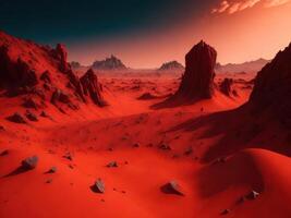 Red surface fantasy planet with mountains and dessert. photo