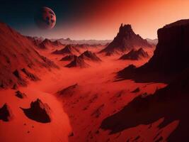 Red surface fantasy planet with mountains and dessert. photo