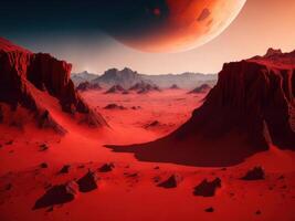 Red surface fantasy planet with mountains and dessert. photo
