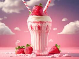 Strawberry milkshake on pink background. photo