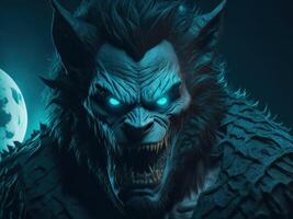 Scary werewolf with open mouth and big teeth on dark background. Halloween monster. photo