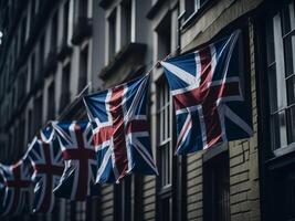 Union jack celebration in England with hanging flags in the street. AI Generated photo
