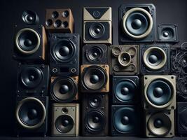 A large stack of vintage music audio speakers. photo